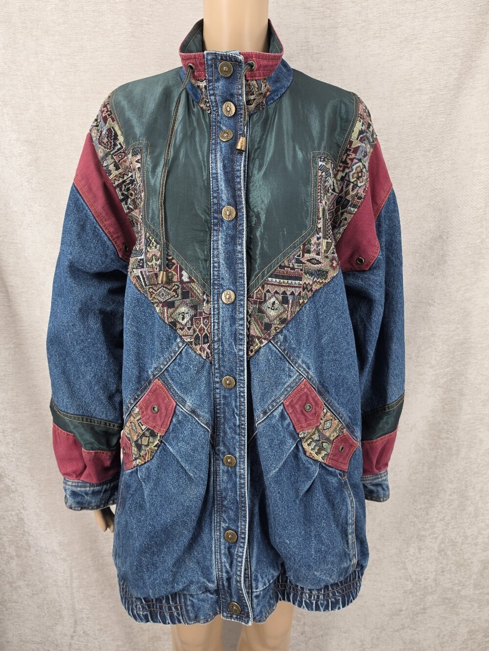 Vintage Denim Blue Jean Oversized Jacket Aztec Tapestry Corduroy Patchwork - Picture 1 of 14